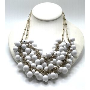 Vintage Gold Station Double Layer White Cluster Beaded Bold Chunky Necklace